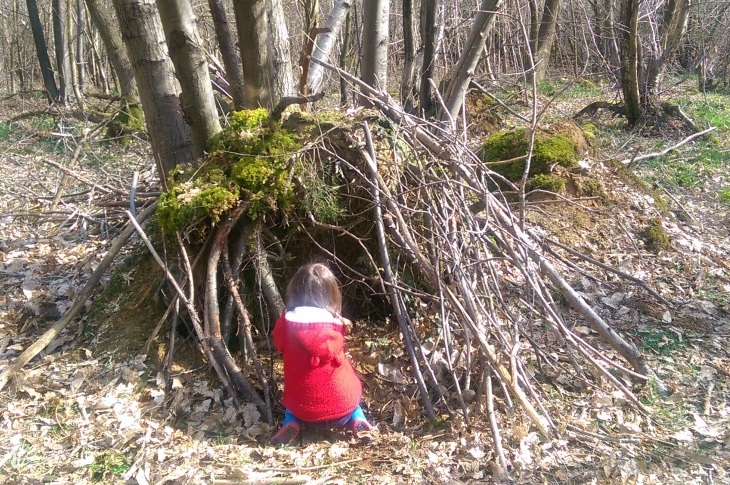 A child playing in a woodland den